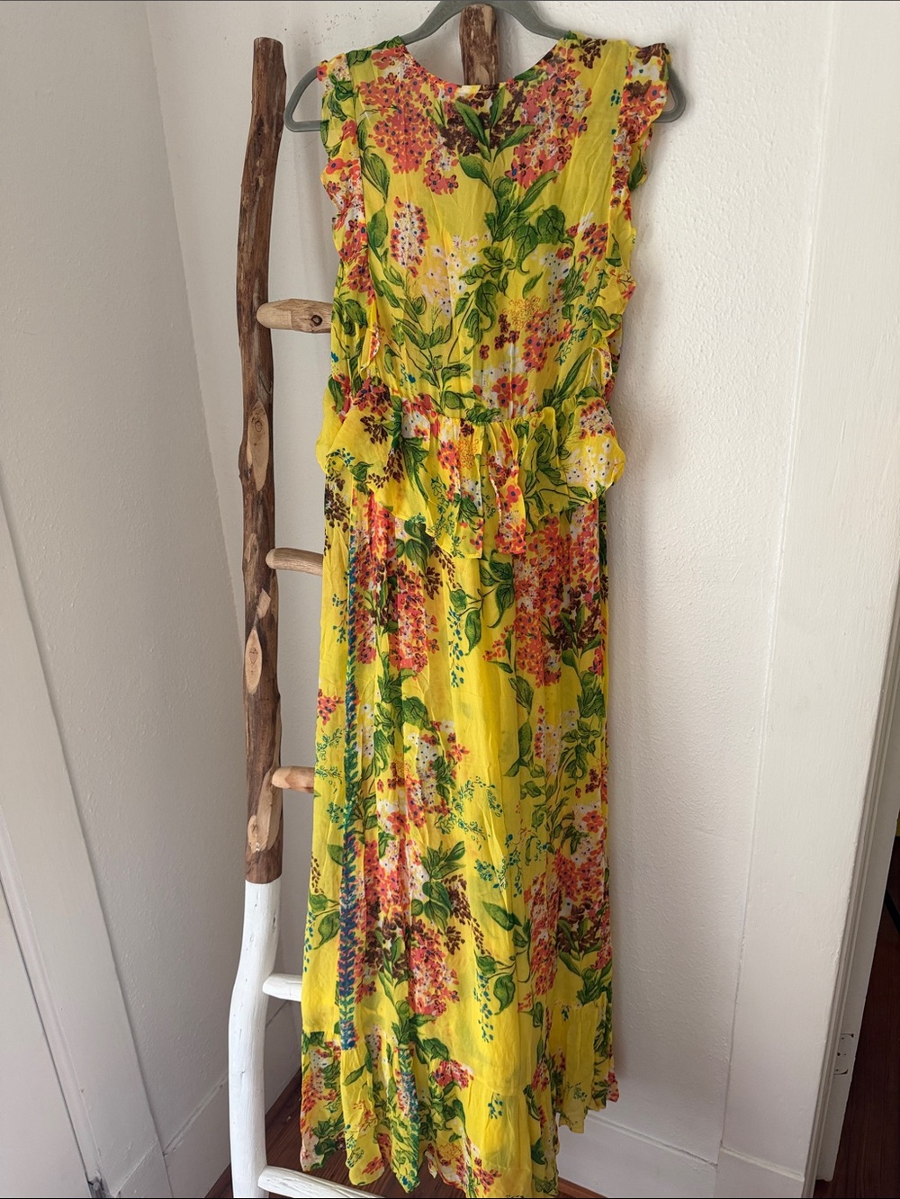 Plenty by Tracy Reese Yellow Floral Sheer Ruffle Flowy Maxi Dress Medium - Picture 6 of 8